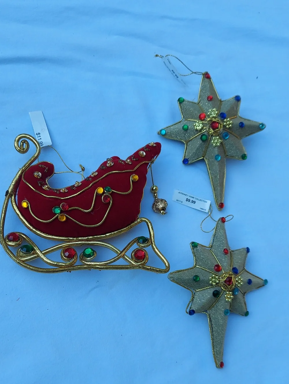 Holiday Red Velvet Sleigh & Gold Star Ornaments Set